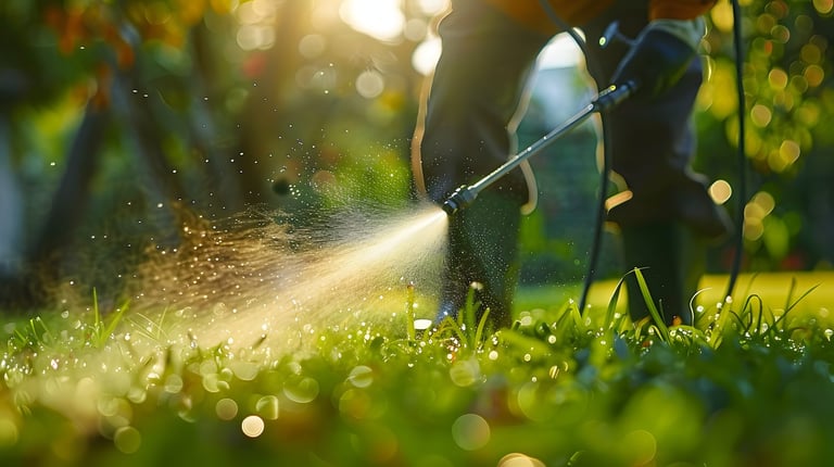 Person watering green grass with a hose spray in sunlit garden